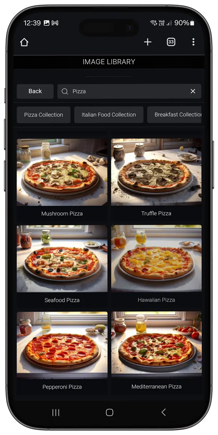 QR Menu image library interface showing food photography collection